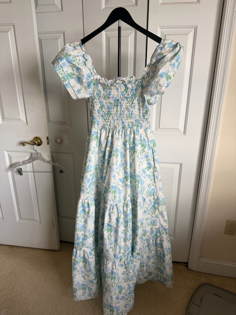 Altar'd State White Maxi Dress with Blue and Green Floral Print
